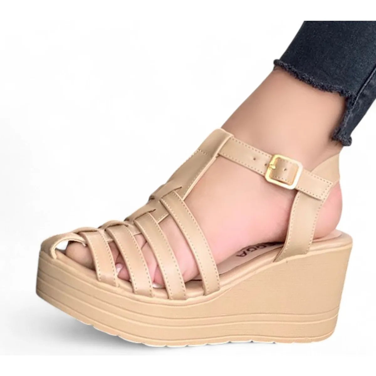 GENERICO - Sandalia Mujer Cuña 7 Cm Tiras 1431L-55 Color Beige