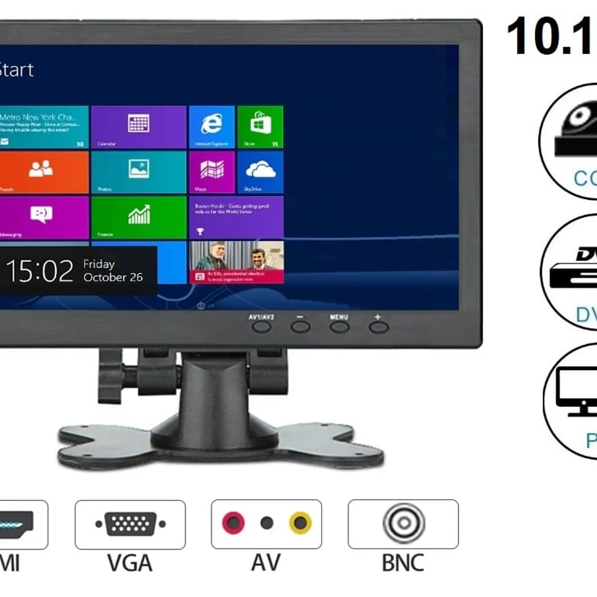 GENERICO - Monitor 10 Pulgadas Hdmi Vga Rca Bnc Pantalla Lcd HD Audio Cctv
