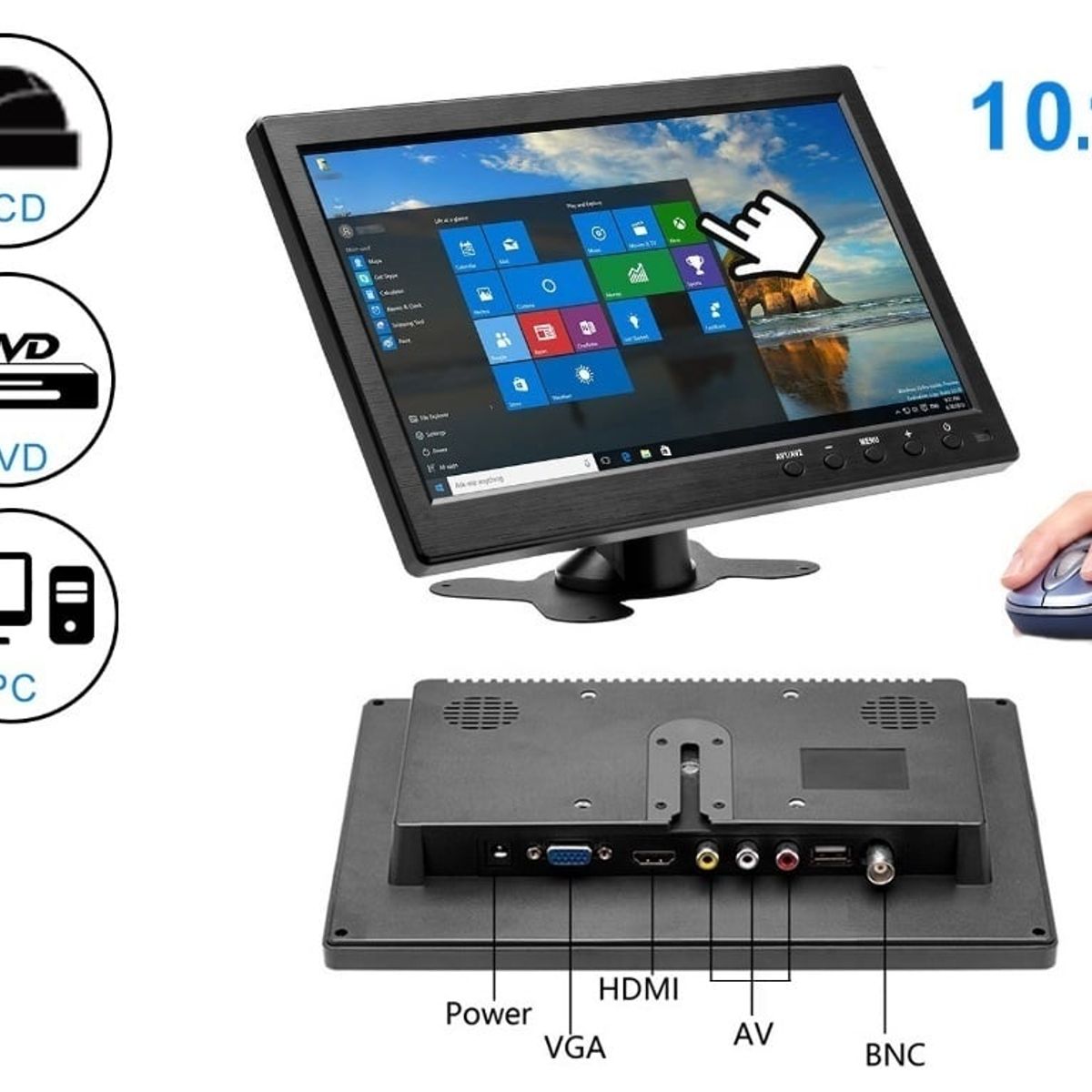 GENERICO - Monitor 10 Pulgadas Hdmi Vga Rca Bnc Pantalla Lcd HD Audio Cctv