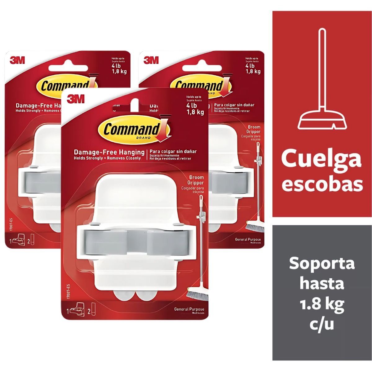 3M - Pack x3 Gancho Command Sujeta Escoba 17007