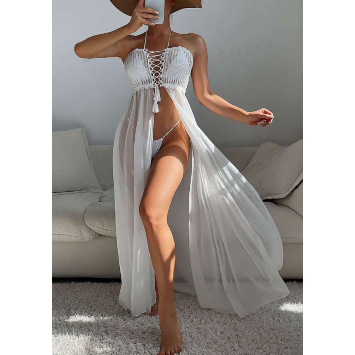 GENERICO - Vestido Salida de Baño con abertura Blanco Cordón delantero