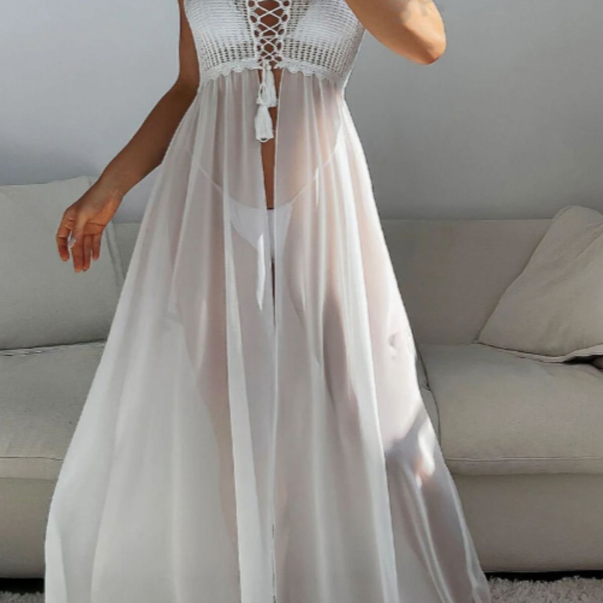 GENERICO - Vestido Salida de Baño con abertura Blanco Cordón delantero