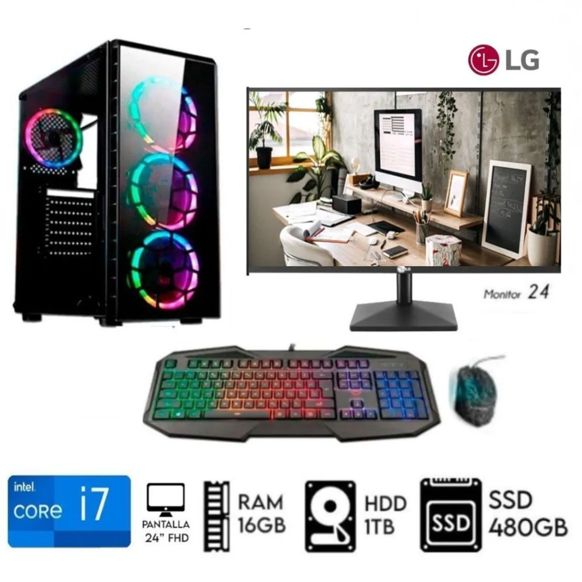 INTEL - Computadora PC CORE i7 3.2Ghz  Ram16GB Disco 1TB+SSD 480GB  Monitor 24LG  FULL HD