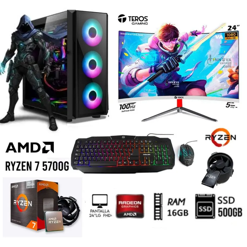 AMD - COMPUTADORA PC RYZEN 7 5700G +RAM 16GB +DISCO SSD 500GB +MONITOR 24 FHD