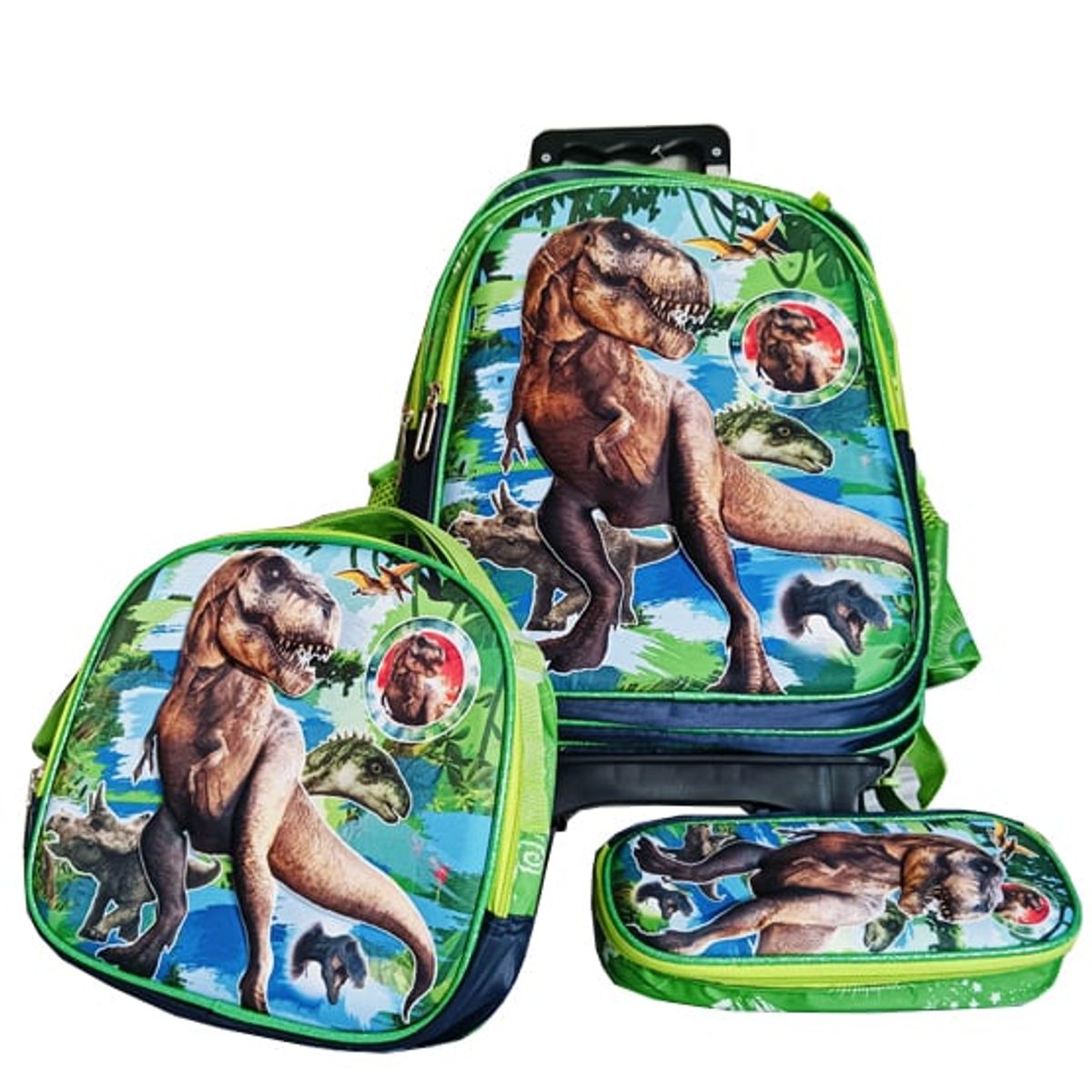 GENERICO - Mochila Lonchera y Cartuchera Oficio 3Pzas Relieve y Luces Dino Verde