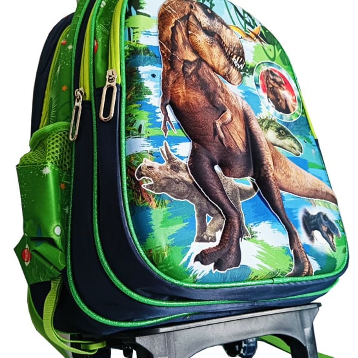 GENERICO - Mochila Lonchera y Cartuchera Oficio 3Pzas Relieve y Luces Dino Verde