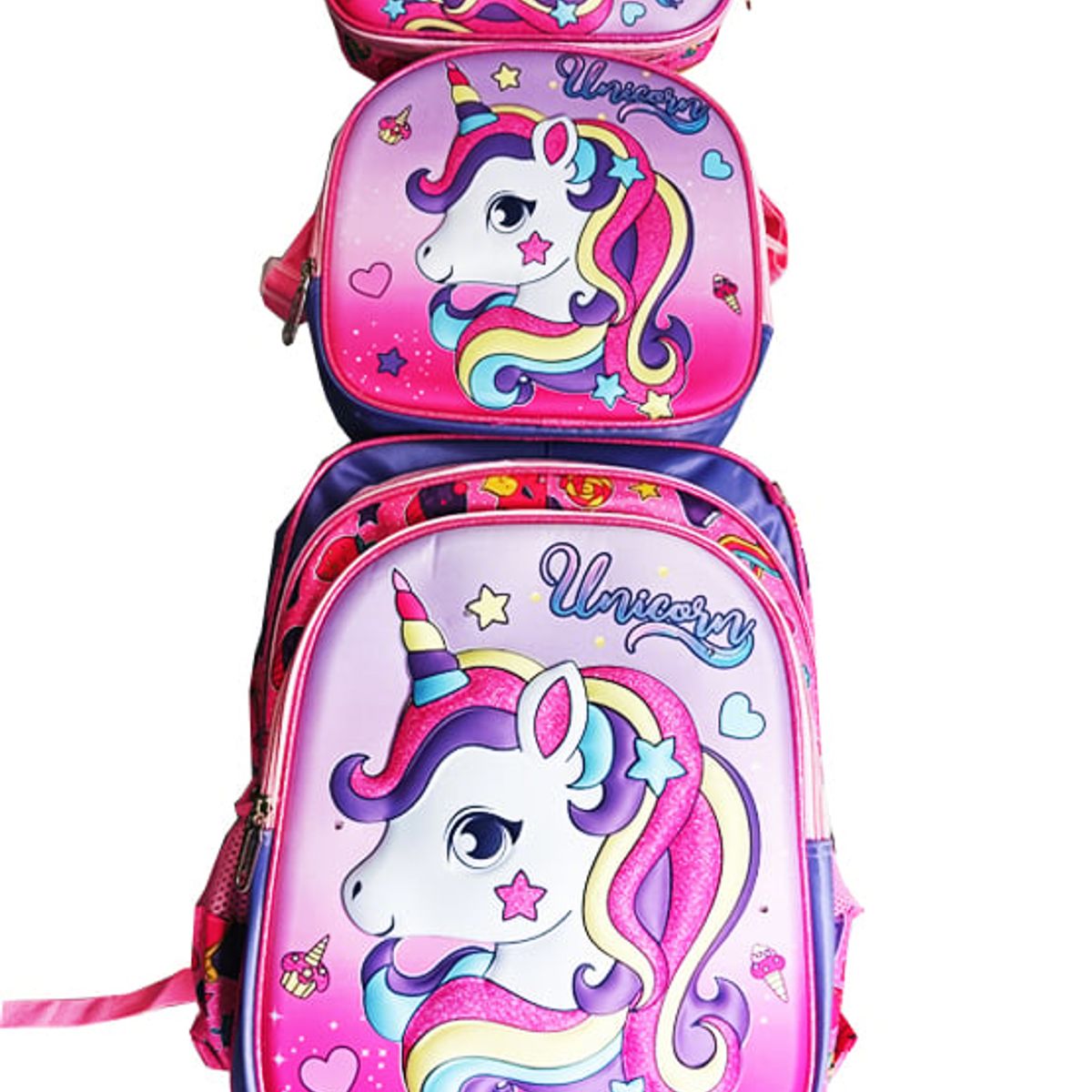 GENERICO - Mochila Lonchera y Cartuchera Oficio 3Pzas Relieve y Luces Unicornio