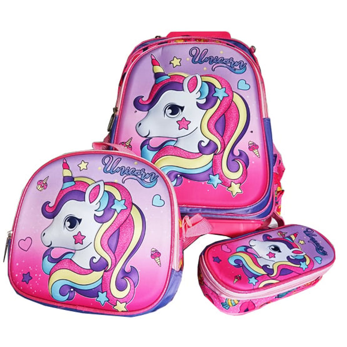 GENERICO - Mochila Lonchera y Cartuchera Oficio 3Pzas Relieve y Luces Unicornio