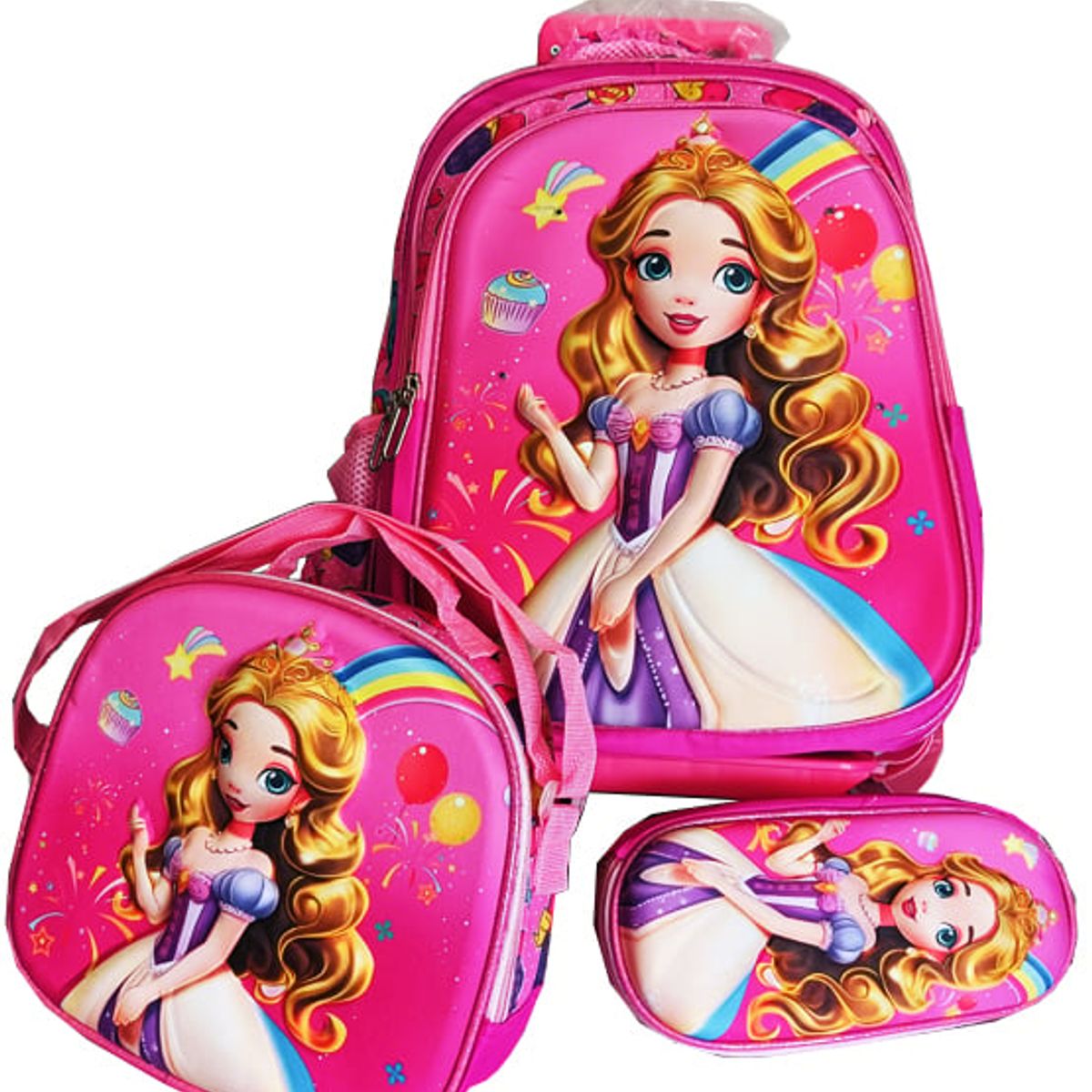 GENERICO - Mochila Lonchera y Cartuchera Oficio 3Pzas Con Carrito Muñeca Rosa