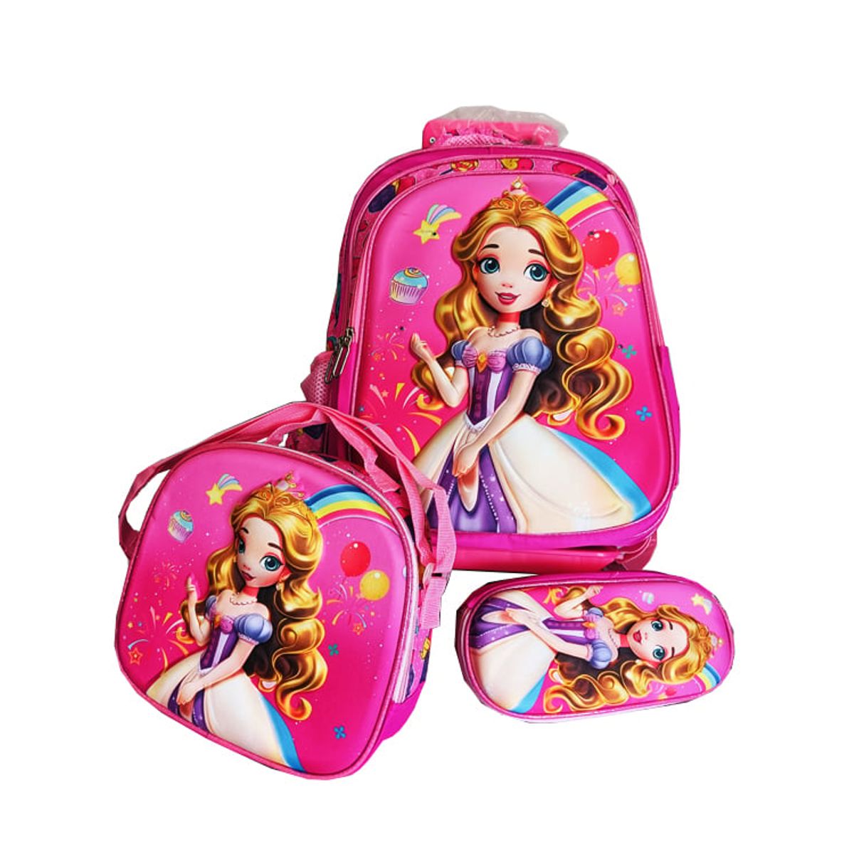 GENERICO - Mochila Lonchera y Cartuchera Oficio 3Pzas Con Carrito Muñeca Rosa