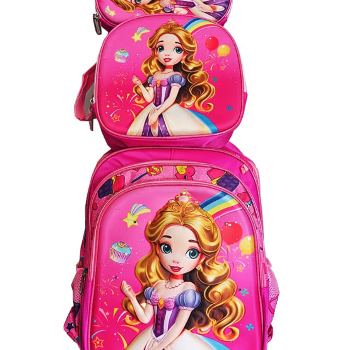 GENERICO - Mochila Lonchera y Cartuchera Oficio 3Pzas Con Carrito Muñeca Rosa