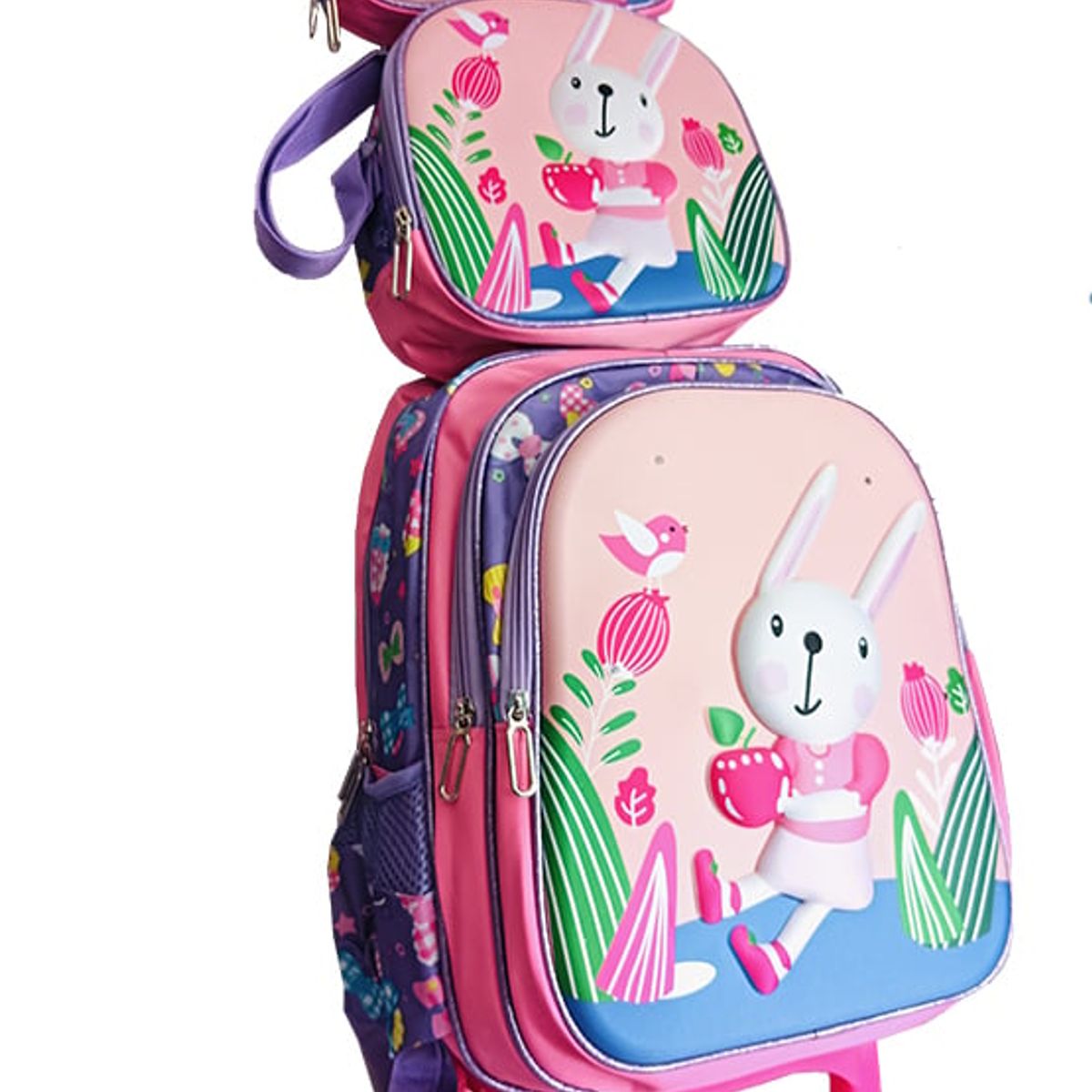 GENERICO - Mochila Lonchera y Cartuchera Oficio 3Pzas Con Carrito Conejita Rosa