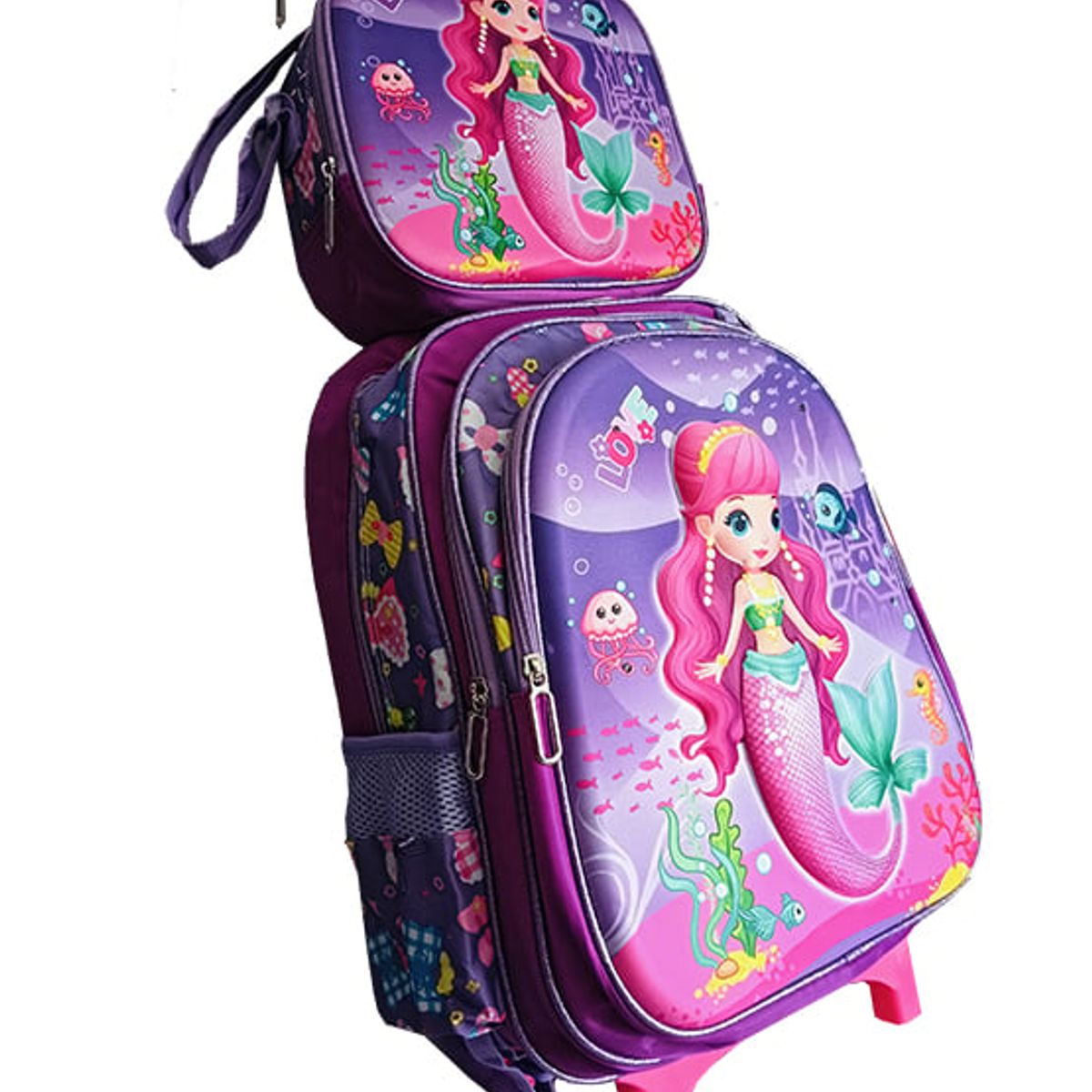 GENERICO - Mochila Lonchera y Cartuchera Oficio 3Pzas Con Carrito Sirena Lila