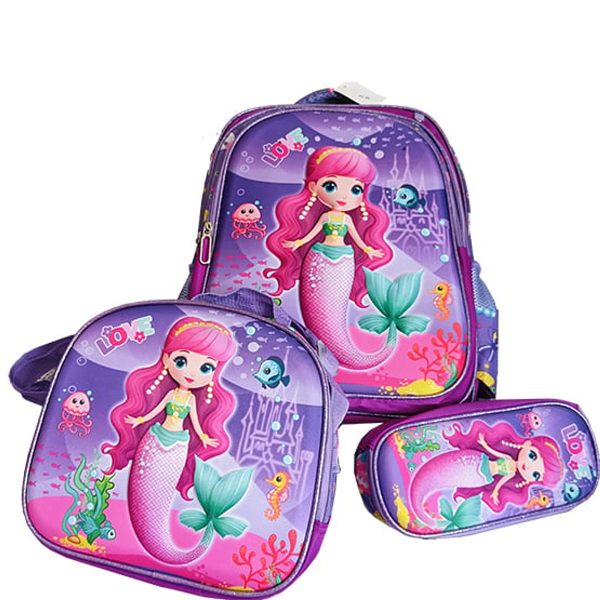 GENERICO - Mochila Lonchera y Cartuchera Oficio 3Pzas Con Carrito Sirena Lila