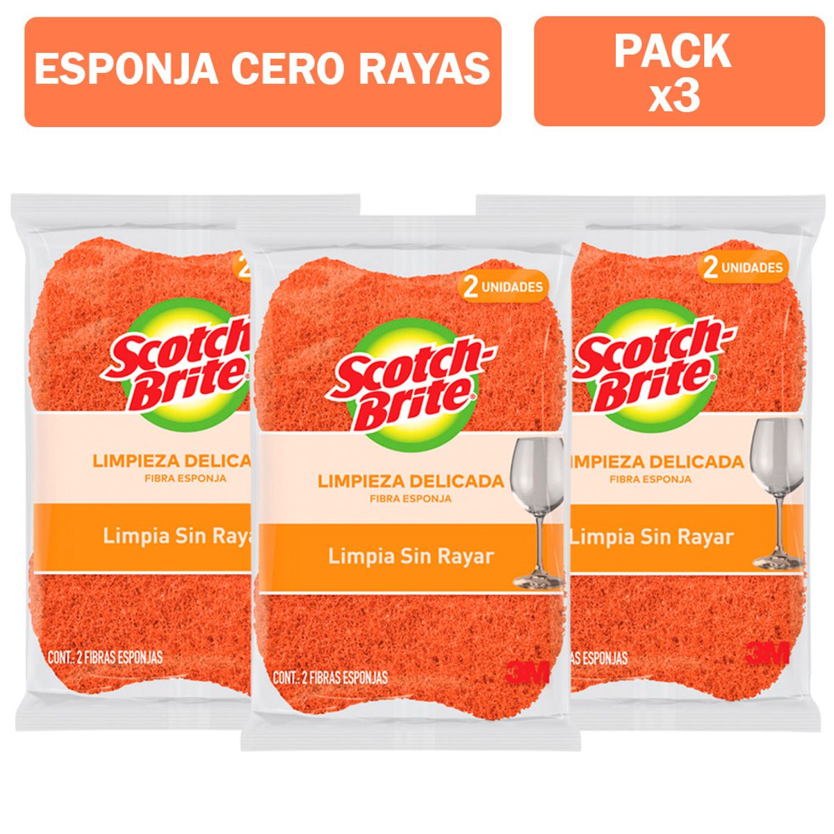 SCOTCH BRITE - Pack X3 Esponja Scotch Brite Cero Rayas Cocina X2