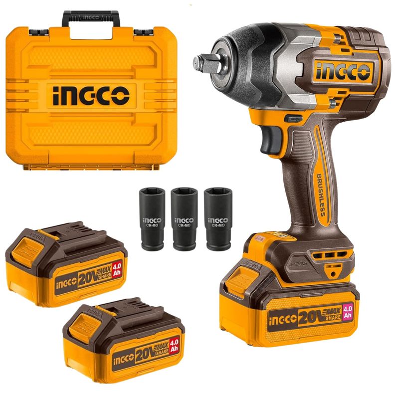 INGCO TOOLS - LLAVE DE IMPACTO 850NM INALAMBRICO 20V BRUSHLESS 2 BATERIAS 4A 3 DADOS