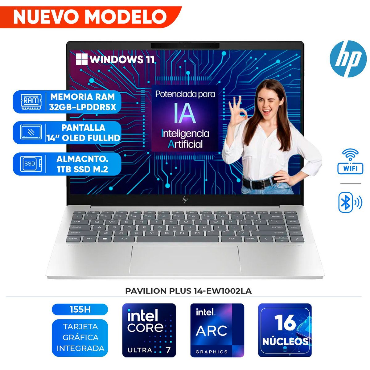 HP - Laptop HP Pavilion Plus 14-ew1002la, Core Ultra 7 155H hasta 4.8GHz, 32GB LPDDR5x-6400