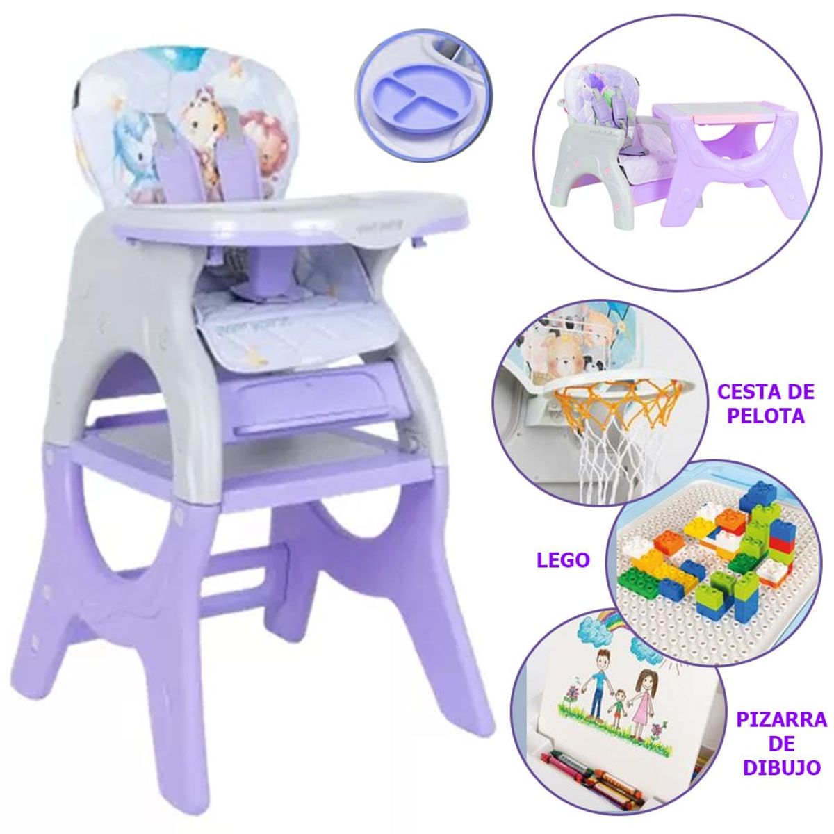 BABY HAPPY - Silla de Comer 6 en 1 Cesta Plato Lego y Pizarra Morado