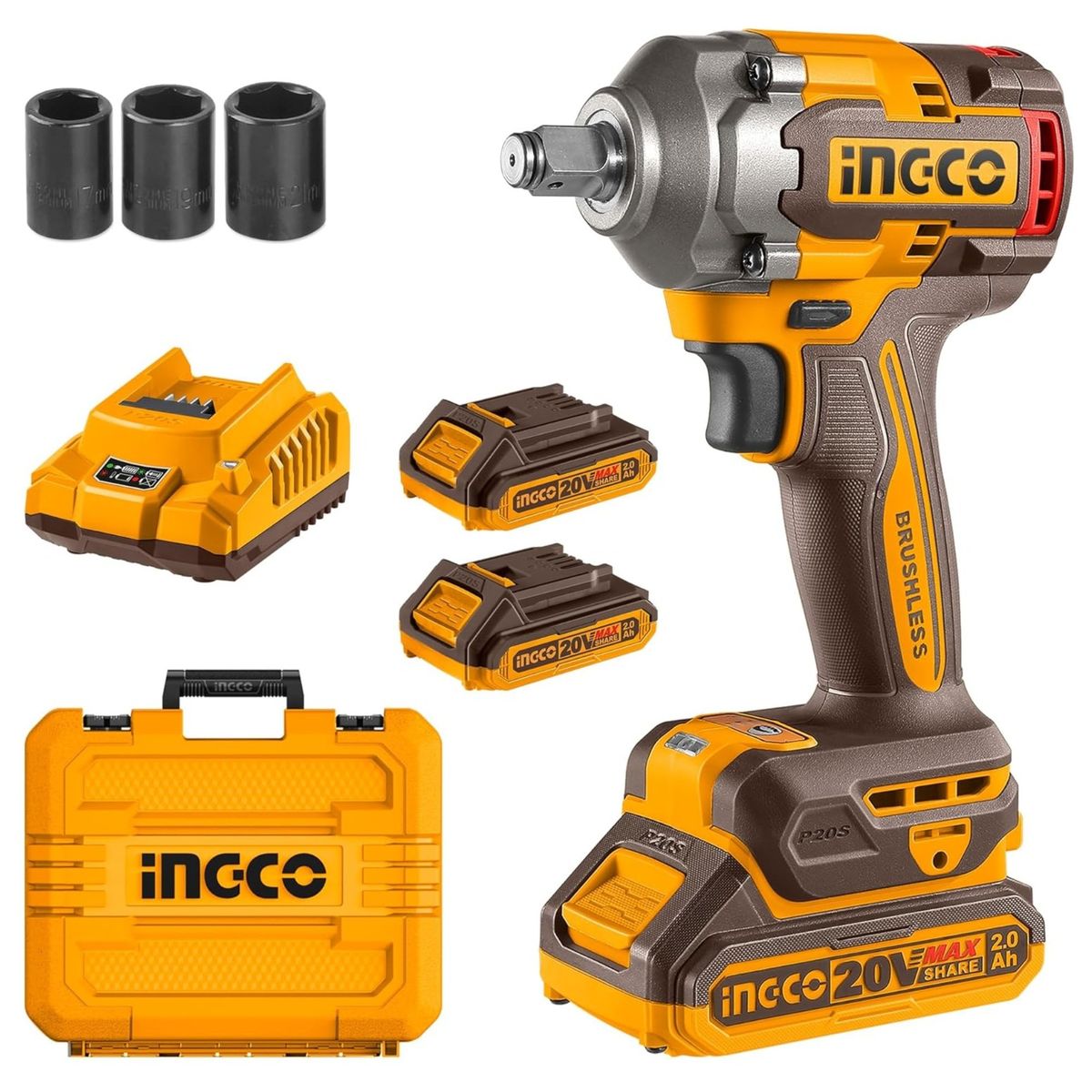 INGCO TOOLS - LLAVE DE IMPACTO 400NM INALAMBRICO 20V BRUSHLESS 2 BATERIAS 2A 3 DADOS