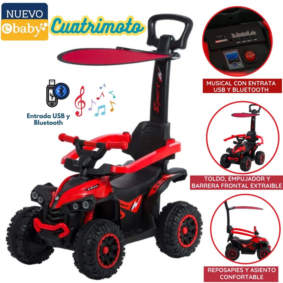 EBABY - Cuatrimoto Musical con Luces y Sombrilla ROJO 357