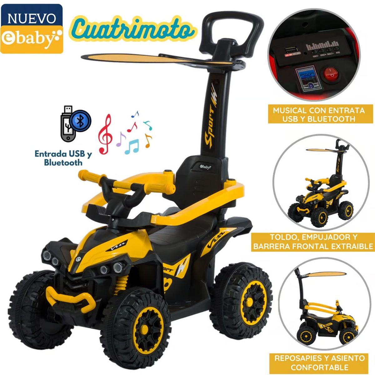 EBABY - Cuatrimoto Musical con Luces y Sombrilla AMARILLO 357