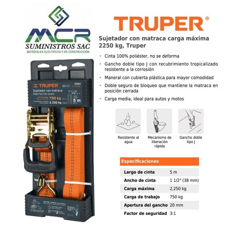 TRUPER - Sujetador con matraca carga máxima 2250 kg, Truper