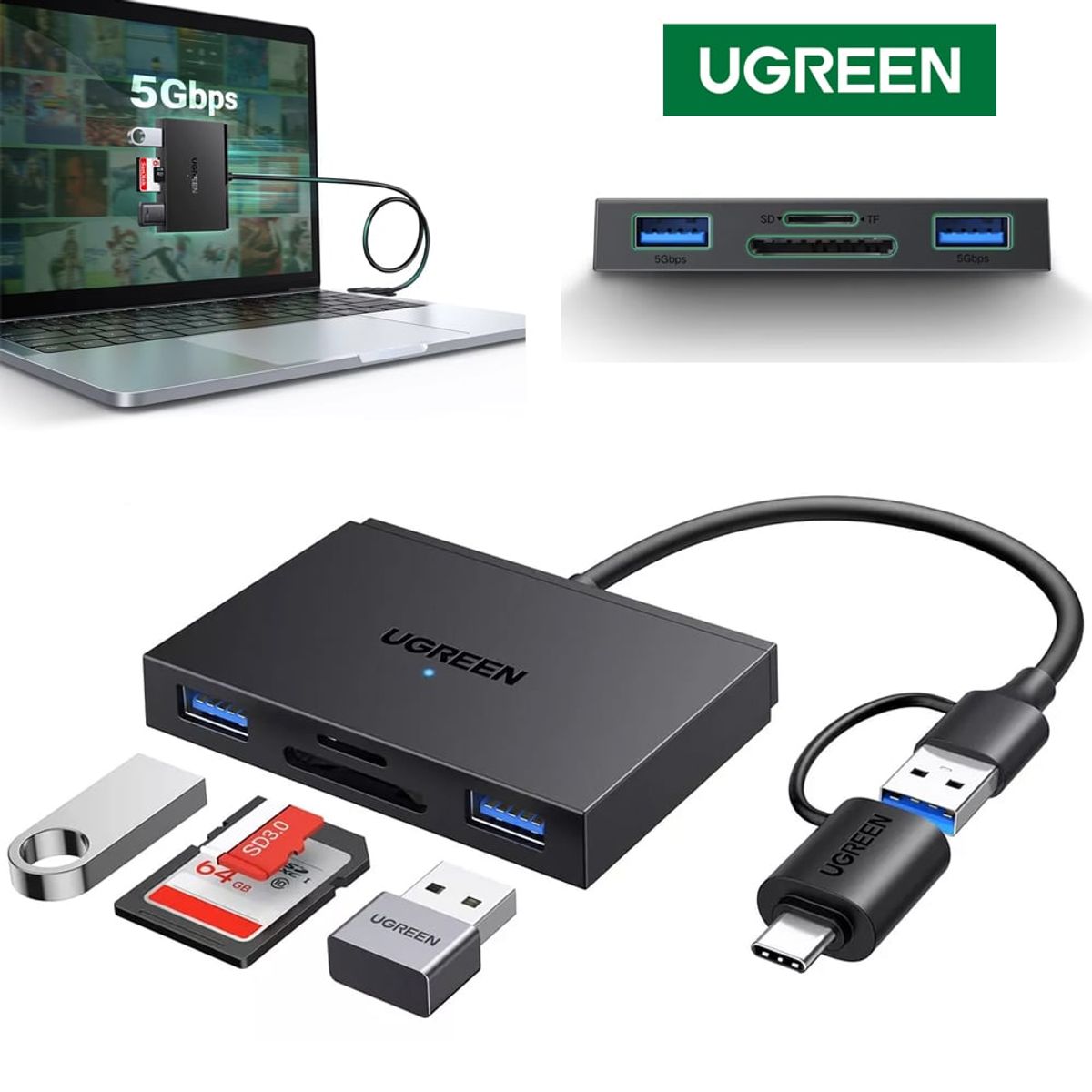 UGREEN - Lector de memorias 4 en 1 UGREEN USB 3.0 SD micro SD TF Tipo C 5Gbps