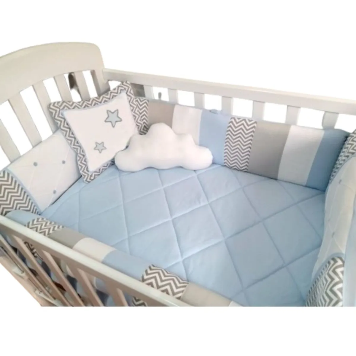 GENERICO - Set De Cuna  -  Diseño Zig Zag  mixto - Celeste