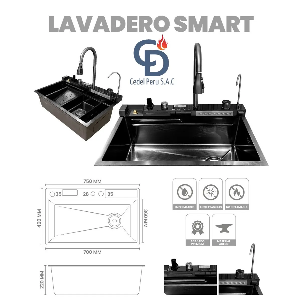 GENERICO - Lavadero Multifuncional Digital 5 Teclas Acero Inoxidable Negro