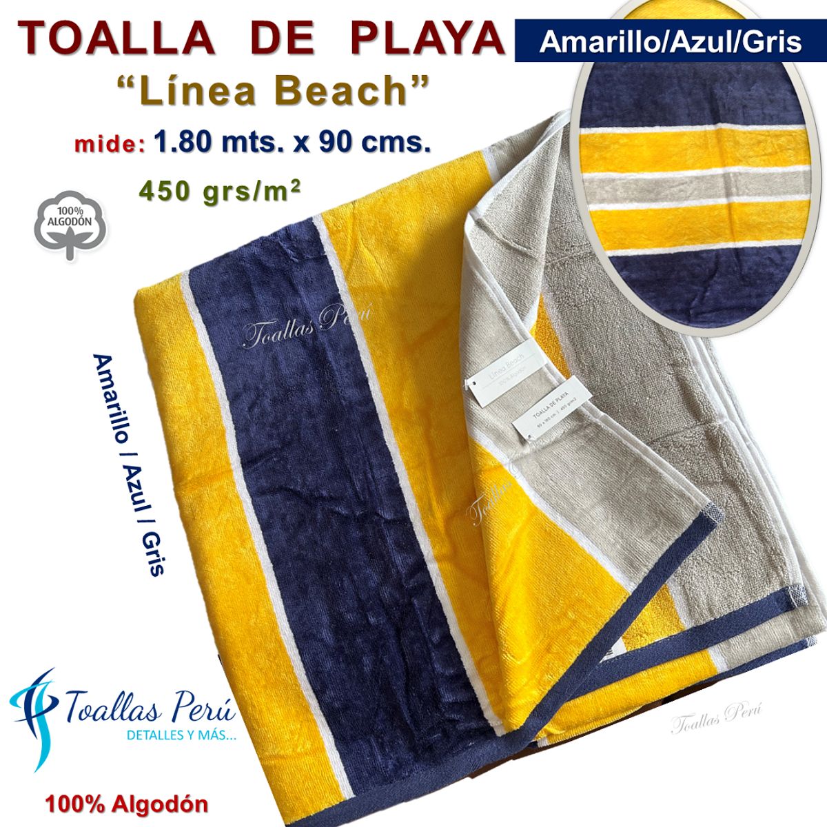 TOALLAS PERU DETALLES Y MAS - Toalla de Playa o Toallón: Amarillo/Azul/Gris -100% Algodón 450 grs/m2