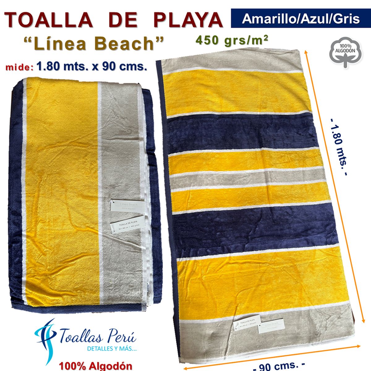 TOALLAS PERU DETALLES Y MAS - Toalla de Playa o Toallón: Amarillo/Azul/Gris -100% Algodón 450 grs/m2