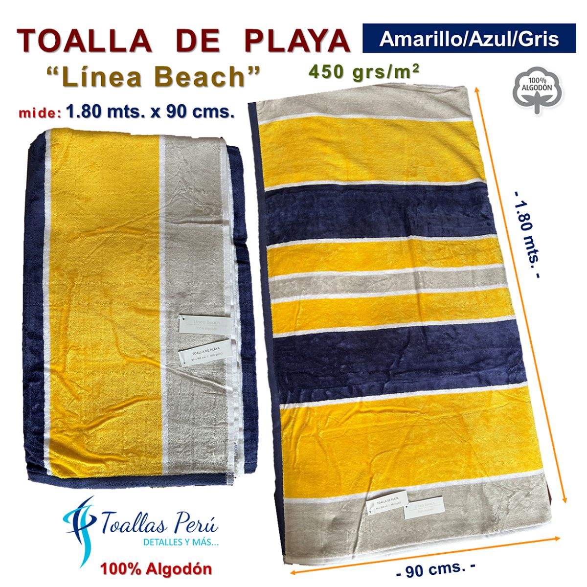 TOALLAS PERU DETALLES Y MAS - Toalla de Playa o Toallón: Amarillo/Azul/Gris -100% Algodón 450 grs/m2