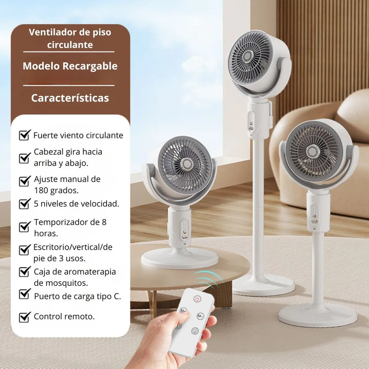 OEM - Ventilador Vertical 180° 3 Alturas 5 Velocidades Recargable KS-F1