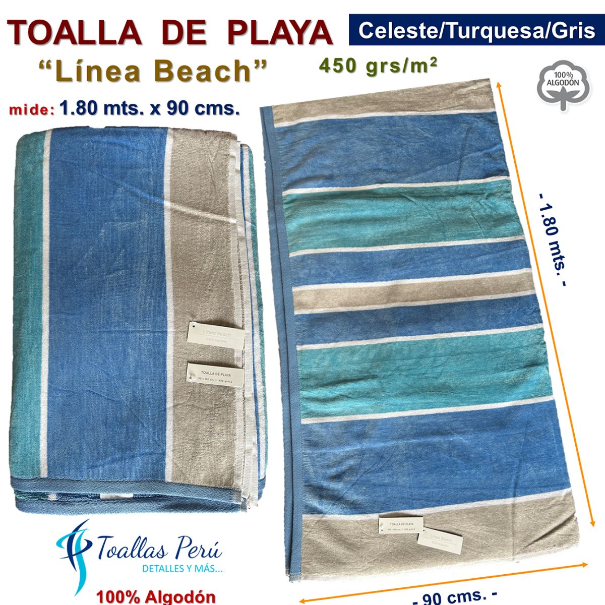 TOALLAS PERU DETALLES Y MAS - Toalla de Playa o Toallón: Celeste/Turquesa/Gris -100% Alg. 450 grs/m2