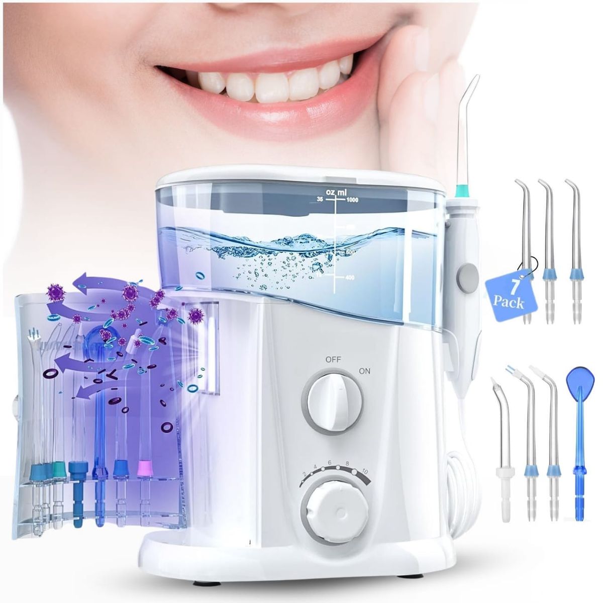 DAUER - Irrigador Bucal Profesional 7 Puntas, Presión Agua Regulable, 10Nivel