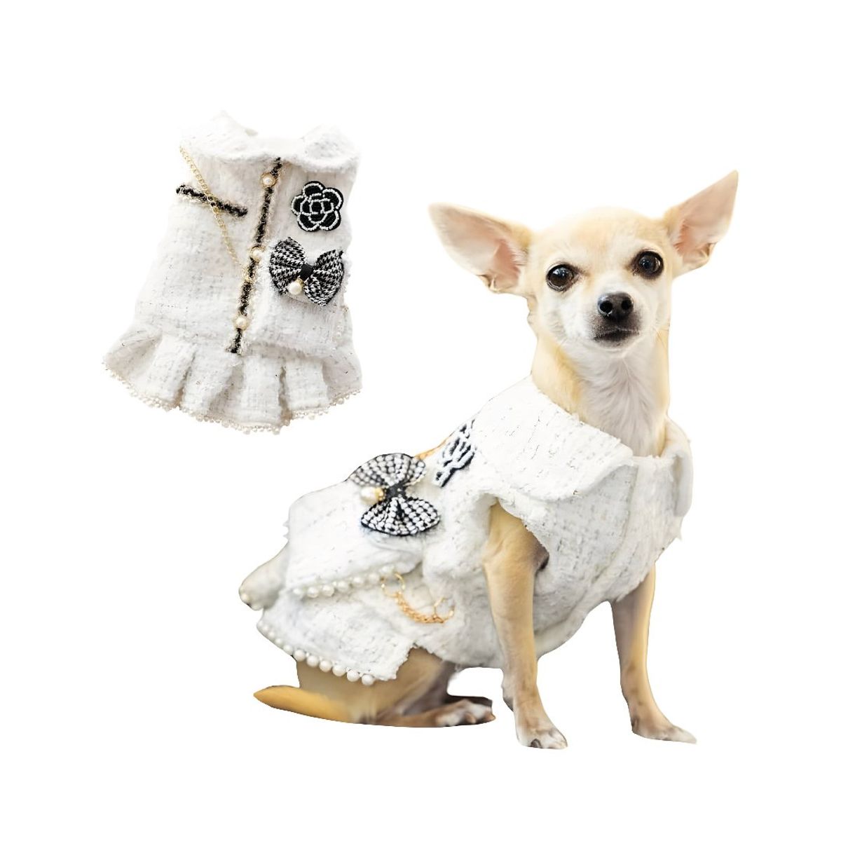 S&T - Ropa Para Perros Vestido Tweed Perlas Blanco - Talla XS