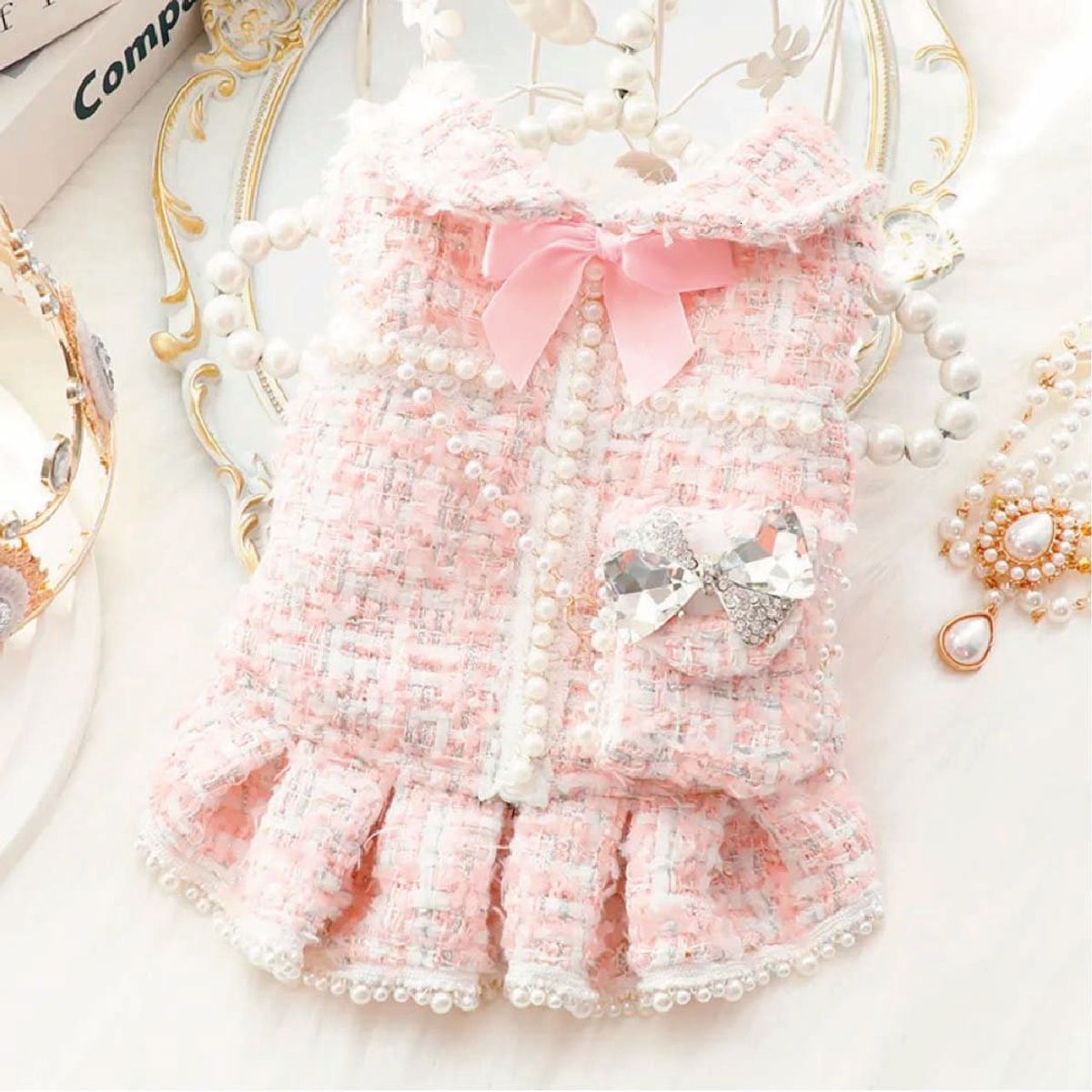 S&T - Ropa Para Perros Vestido Tweed Perlas Rosado - Talla L