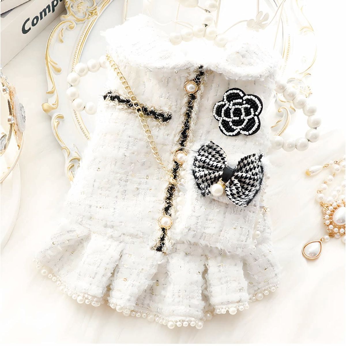 S&T - Ropa Para Perros Vestido Tweed Perlas Blanco - Talla XL