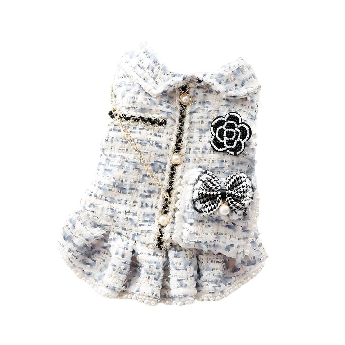 S&T - Ropa Para Perros Vestido Tweed Perlas Azul Blanco - Talla XL