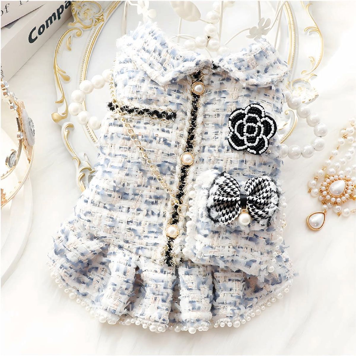 S&T - Ropa Para Perros Vestido Tweed Perlas Azul Blanco - Talla XL