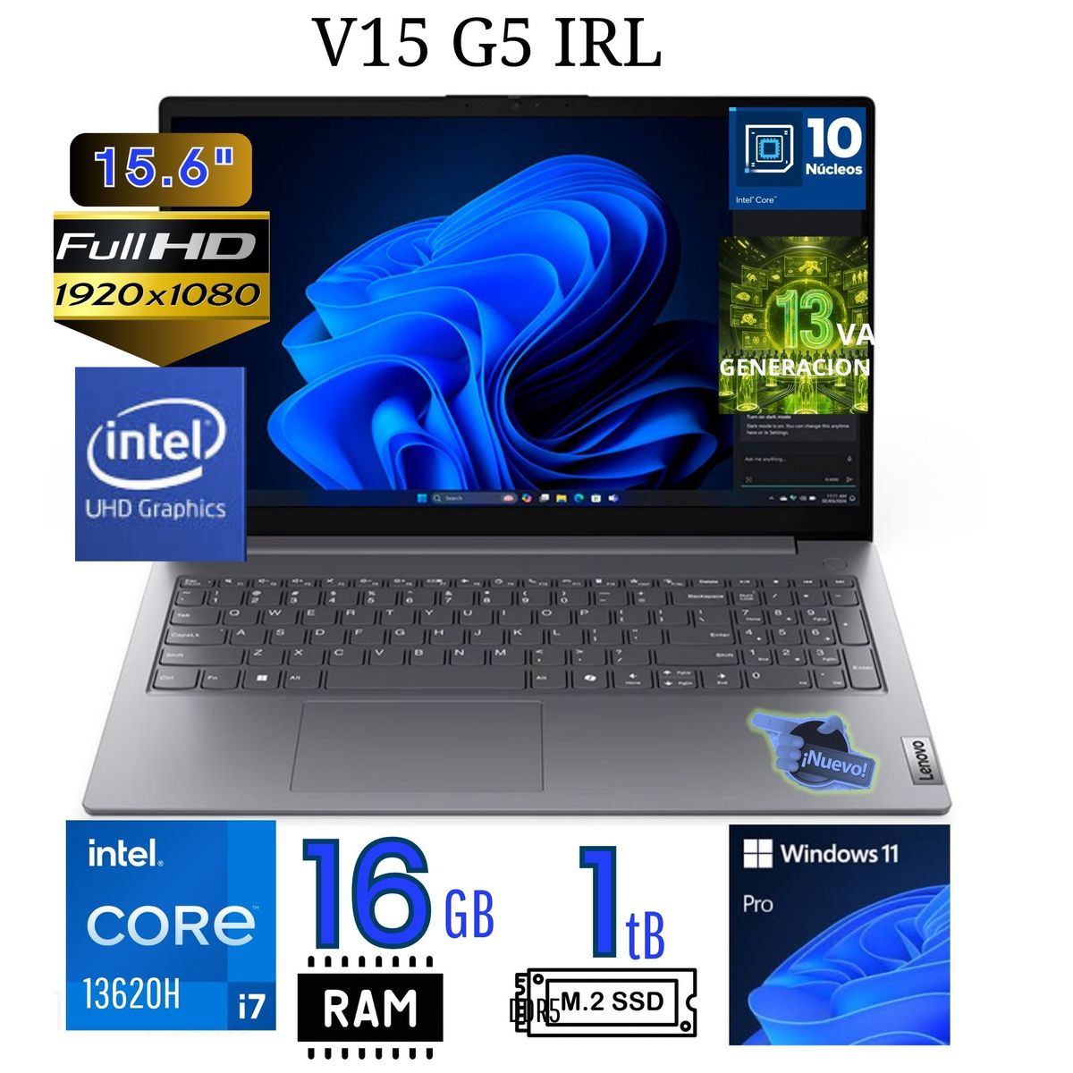 LENOVO - Laptop Lenovo ,V15 G5 IRL, intel Core i7 13va Gen, Ram 16GB, SSD 1TB, 15.6 FHD, (83GW005ELM)