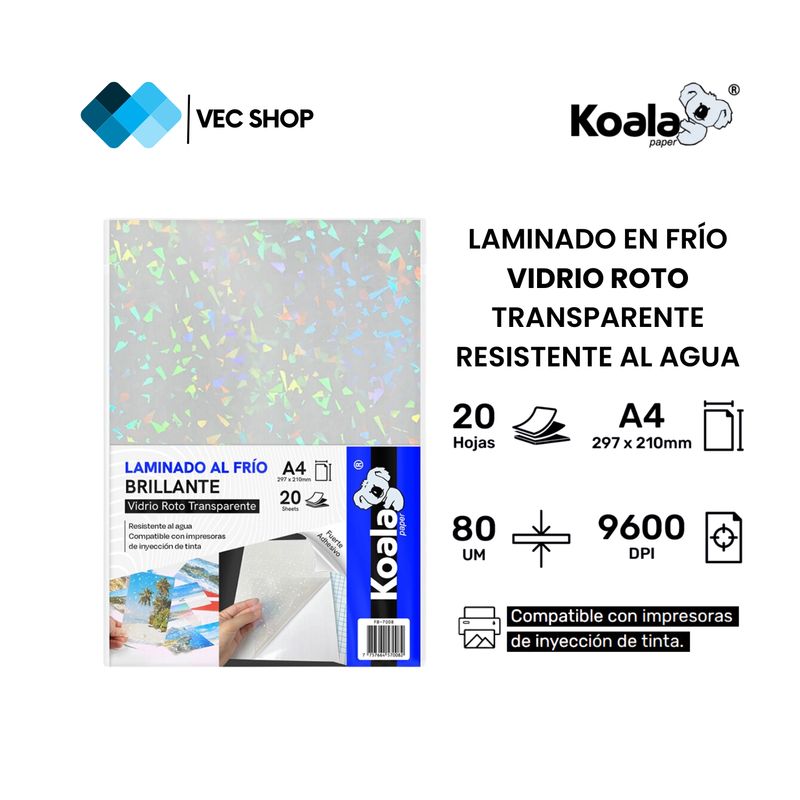 KOALA - Laminado en Frío Vidrio Roto Transparente A4 20 hojas