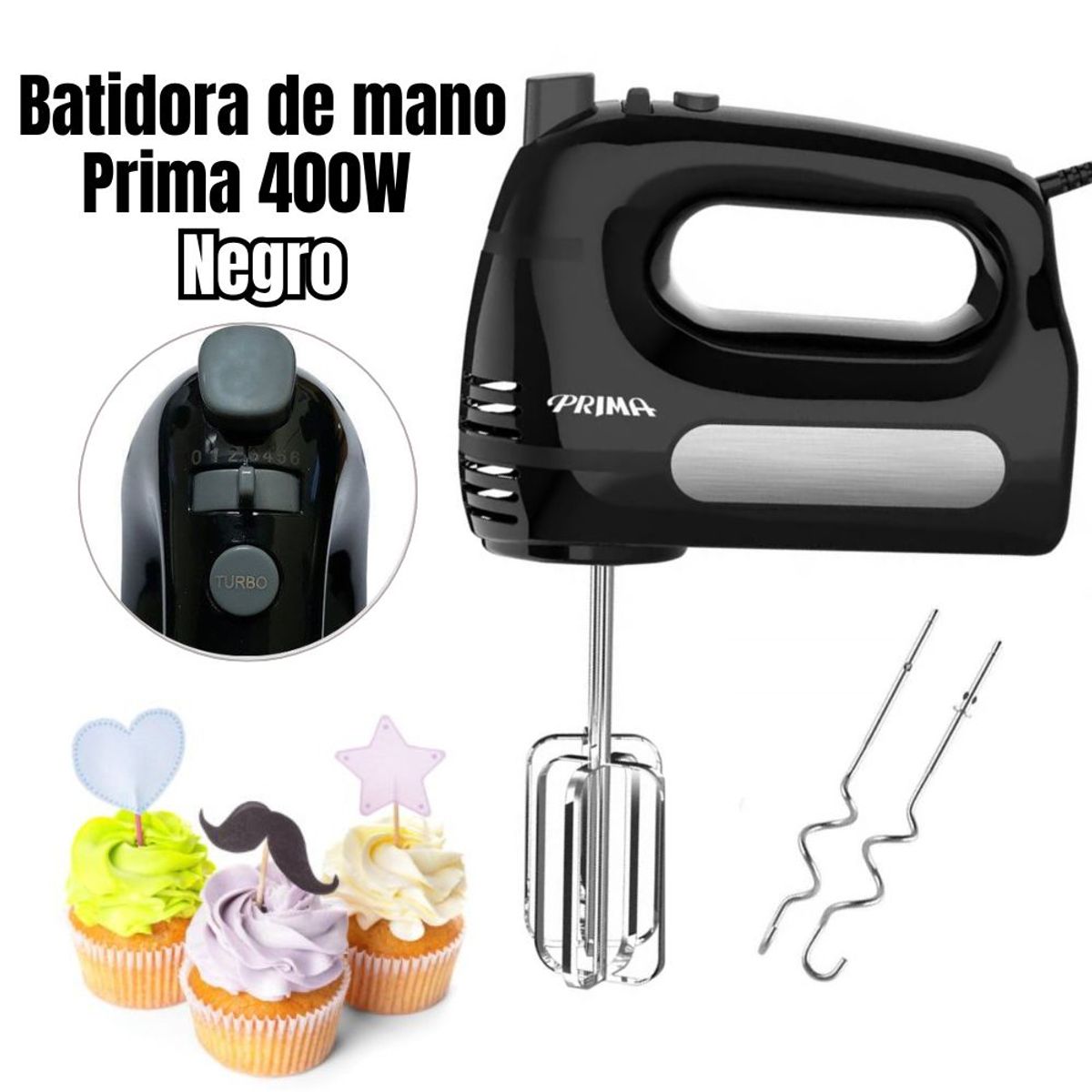 PRIMA - Batidora de Mano Prima HM 9105N con 400 Watts - Negro