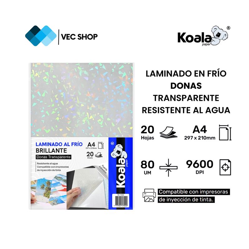 KOALA - Laminado en Frío Donas Transparente A4 20 hojas