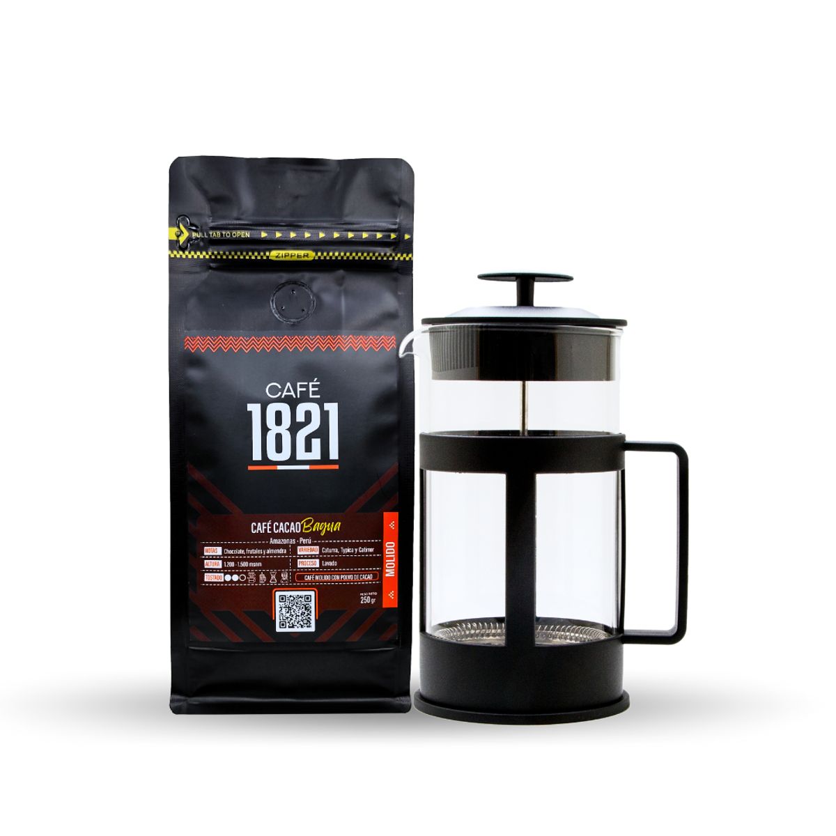 CAFÉ 1821 EL CAFÉ DE TODOS LOS PERUANOS - Pack de Cafetera Francesa y Cafe Tostado Molido Cacao