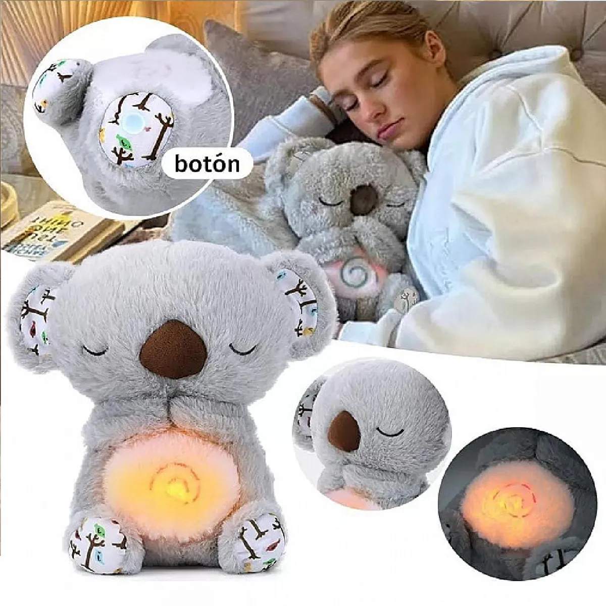GENERICO - KOALA DORMILONA QUE RESPIRA - PELUCHE SENSORIAL MUSICAL GRIS
