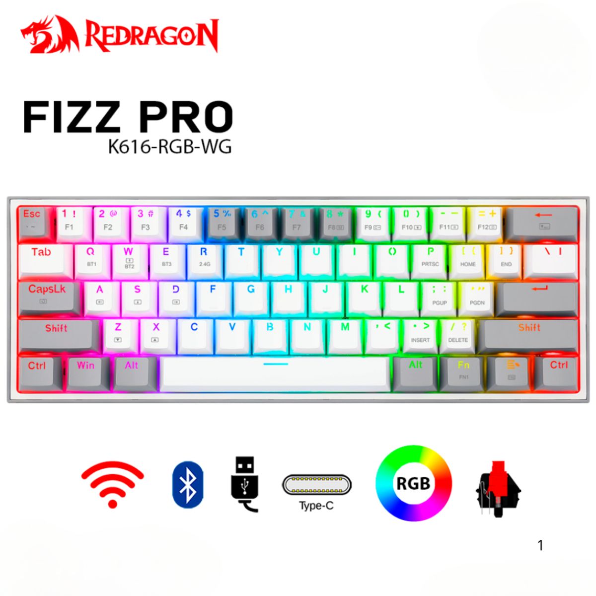 REDRAGON - Teclado Mecánico Gamer Redragon FIZZ PRO Wireless Spanish K616-RGB-GW