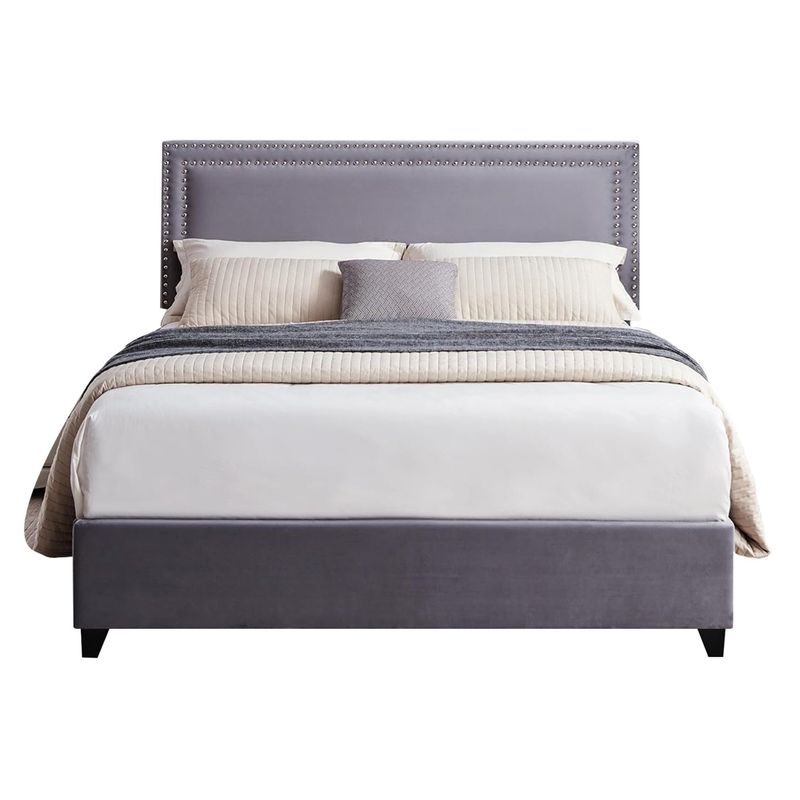 GENERICO - Cama Tapizada Lisa con Tachuelas Gris 2 Plazas