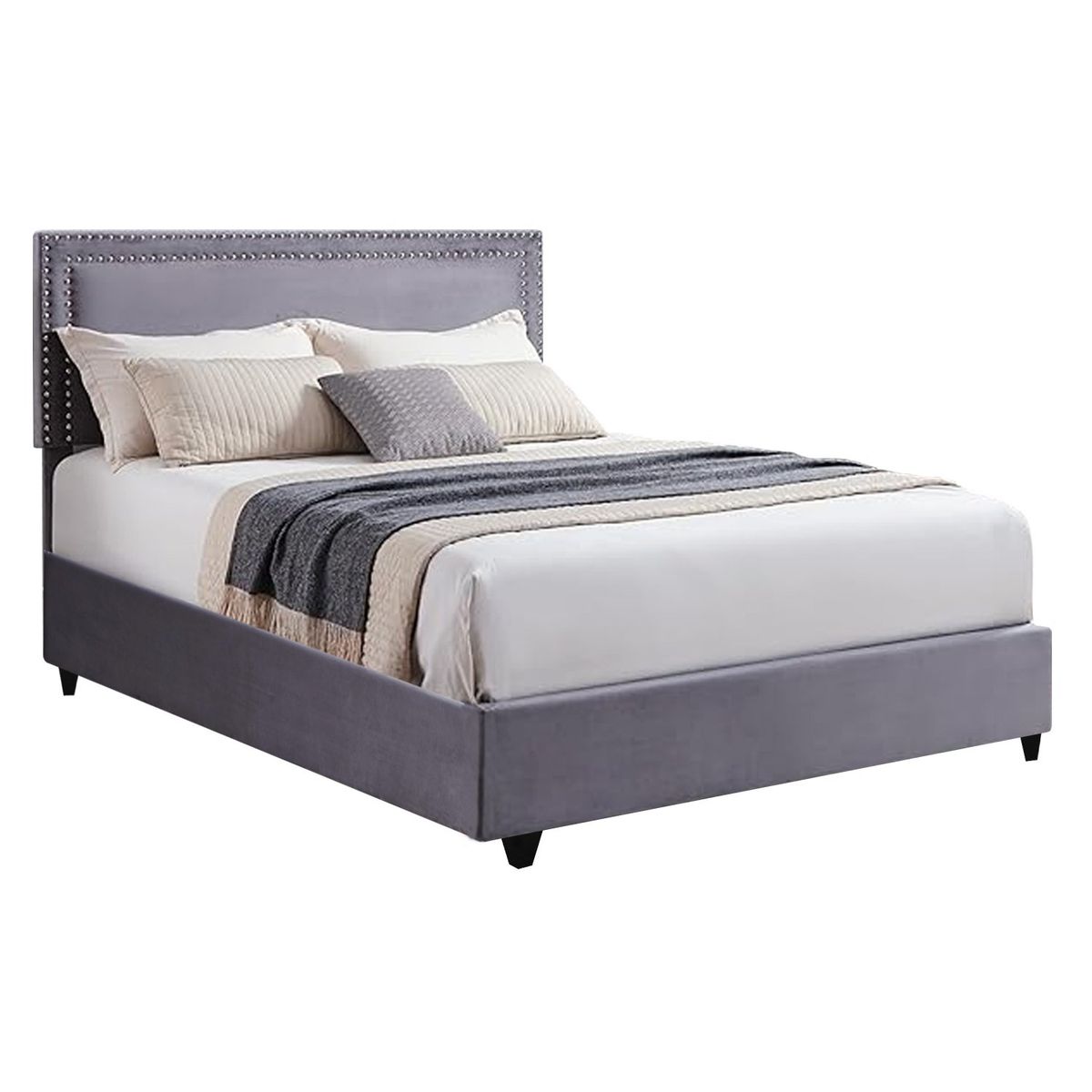 GENERICO - Cama Tapizada Lisa con Tachuelas Gris 2 Plazas