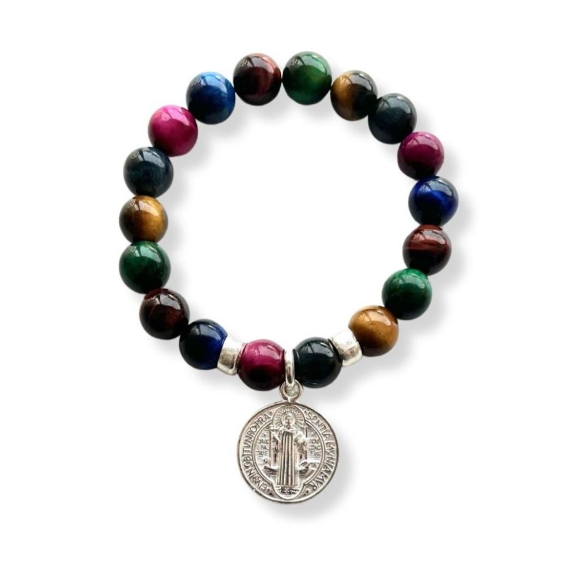 SANTORAL - Pulsera Medalla de San Benito - Ojo de Tigre y Plata